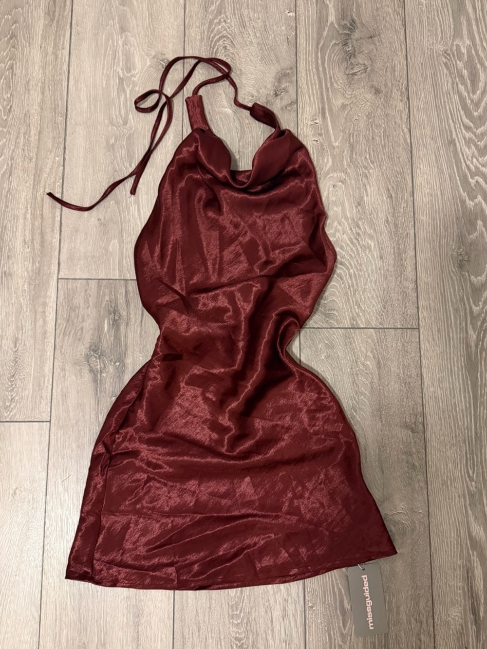 Missguided Burgundy Satin Halter Mini Dress
